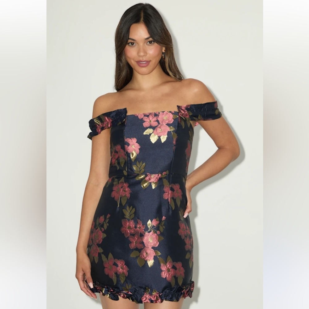 Lulu's Navy Off-Shoulder Floral Party Dress with Pink and Gold Accents